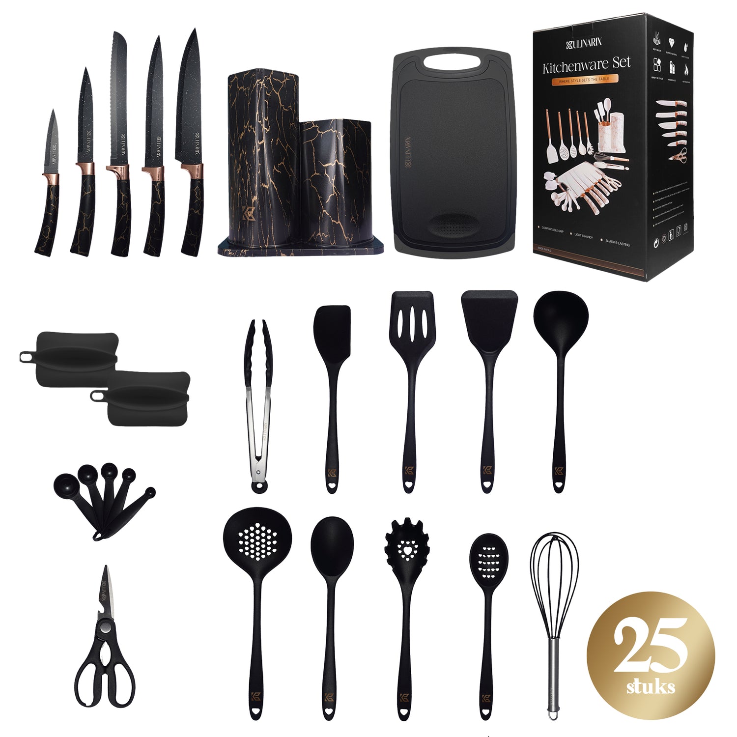 Keukengereiset zwart marmerlook 25 delig